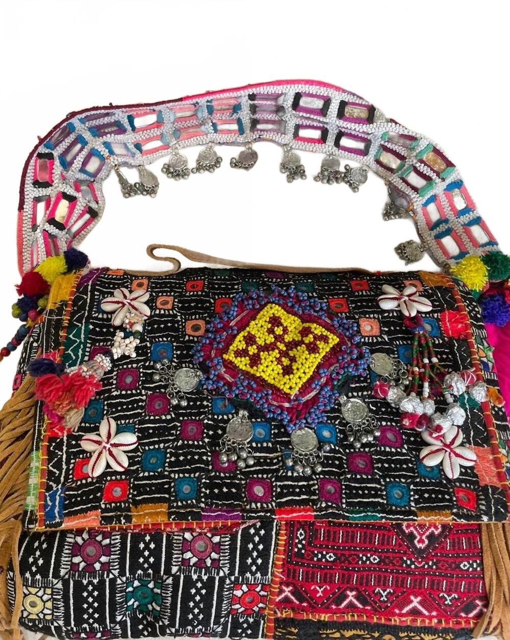 NEW KANTHA BAE women's upcycled embroidered structured market shoulder bag in di